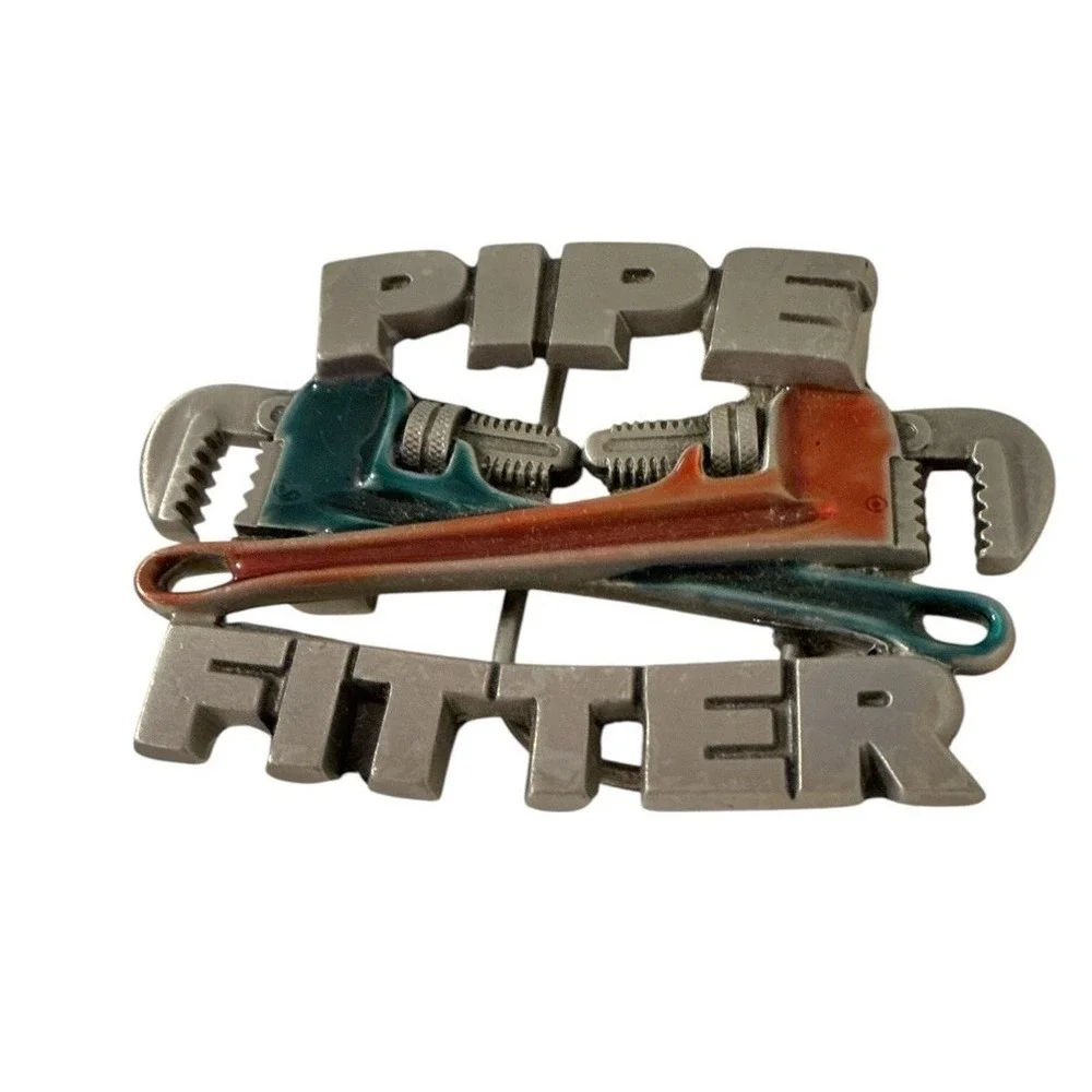 Vintage Pipefitter 1990 Belt Buckle Silver tone Red & Blue Embellishment Tools